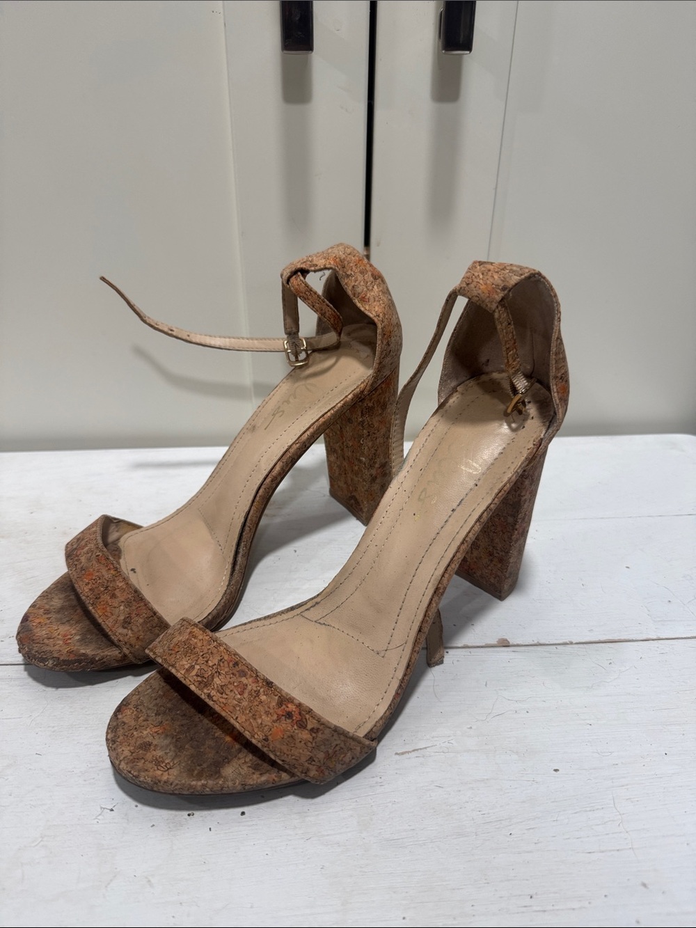 Women’s Cork-Texture Block Heel Sandals in Brown